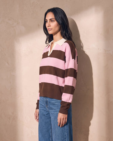 Striped Knit Polo Sweater in pink and cocoa — side view showing relaxed drop-shoulder silhouette