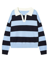 Striped Knit Polo Sweater in Sky & Navy — sky blue and navy stripes with white collar, flat product shot