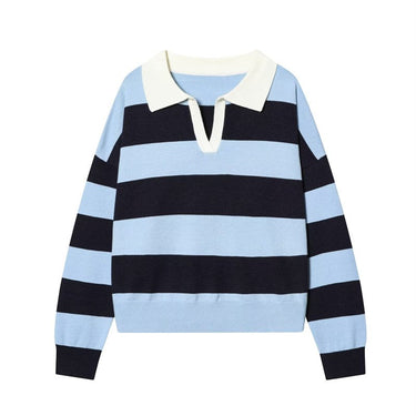 Striped Knit Polo Sweater in Sky & Navy — sky blue and navy stripes with white collar, flat product shot