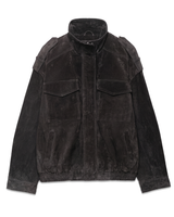 Sullivan Coat in Black — flat lay of the faux suede utility bomber with stand collar and flap chest pockets