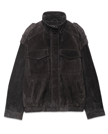 Sullivan Coat in Black — flat lay of the faux suede utility bomber with stand collar and flap chest pockets