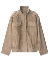 Sullivan Coat in Khaki — flat lay of the faux suede utility bomber with stand collar and flap chest pockets