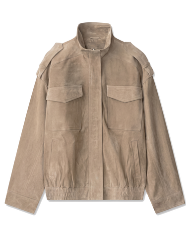 Sullivan Coat in Khaki — flat lay of the faux suede utility bomber with stand collar and flap chest pockets