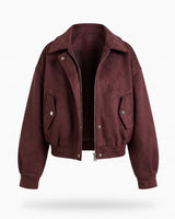 Suede Look Bordeaux Bomber Jacket in burgundy, flat lay front view with spread collar, zip front and elasticated hem