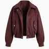 Suede Look Bordeaux Bomber Jacket in burgundy, flat lay front view with spread collar, zip front and elasticated hem