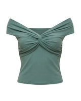 Green off-shoulder top with twist front detail, flat lay on white – Moriel Heritage