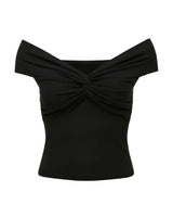 Black off-shoulder top with twist front detail, flat lay on white – Moriel Heritage