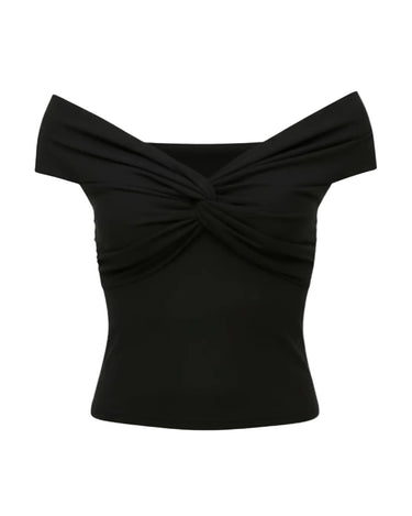 Black off-shoulder top with twist front detail, flat lay on white – Moriel Heritage