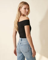 Side and back view of the black off-shoulder top – Moriel Heritage