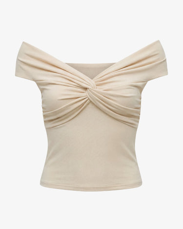 Cream off-shoulder top with twist front detail, flat lay on white – Moriel Heritage