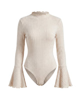 Sylvie Body Suit in white — ribbed knit bodysuit with ruffled mock neck and bell sleeves, product flat-lay