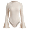 Sylvie Body Suit in white — ribbed knit bodysuit with ruffled mock neck and bell sleeves, product flat-lay