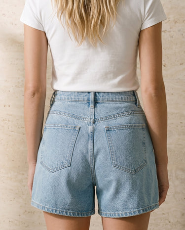 Light Wash wide-fit denim shorts, high-waist back detail close-up – Moriel Heritage