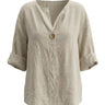 The Aire Relaxed Shirt in beige — relaxed V-neck long-sleeve shirt with wood button front, product flat-lay