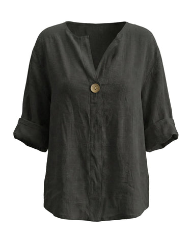 The Aire Relaxed Shirt in black — relaxed V-neck long-sleeve shirt with wood button front, product flat-lay