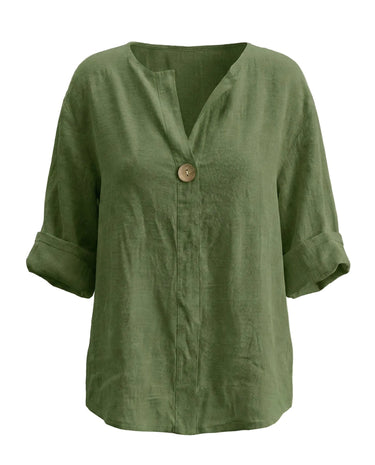 The Aire Relaxed Shirt in green — relaxed V-neck long-sleeve shirt with wood button front, product flat-lay