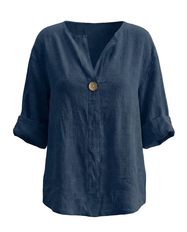 The Aire Relaxed Shirt in navy — relaxed V-neck long-sleeve shirt with wood button front, product flat-lay