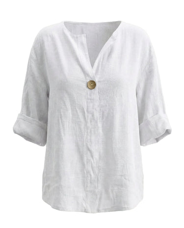 The Aire Relaxed Shirt in white — relaxed V-neck long-sleeve shirt with wood button front, product flat-lay