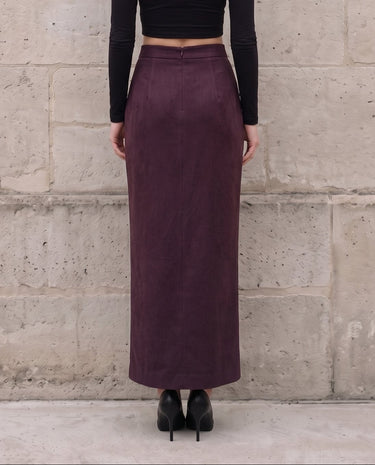 The Aisla Burgundy Skirt in burgundy — high-waisted straight maxi skirt, back view on model