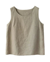 The Alba Linen Tank in khaki — scoop-neck sleeveless linen tank, product flat-lay