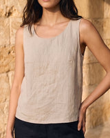The Alba Linen Tank in khaki — sleeveless linen tank, front view on model