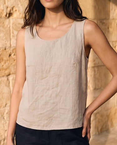 The Alba Linen Tank in khaki — sleeveless linen tank, front view on model