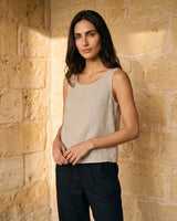 The Alba Linen Tank in khaki — sleeveless linen tank, front view on model