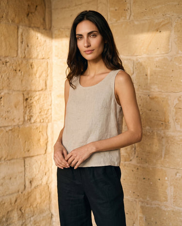 The Alba Linen Tank in khaki — sleeveless linen tank, front view on model