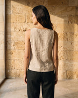 The Alba Linen Tank in khaki — linen tank, back view on model