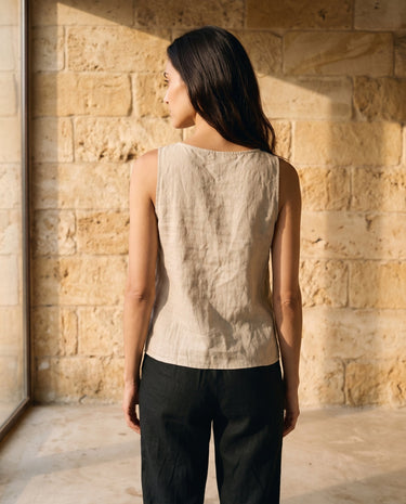 The Alba Linen Tank in khaki — linen tank, back view on model