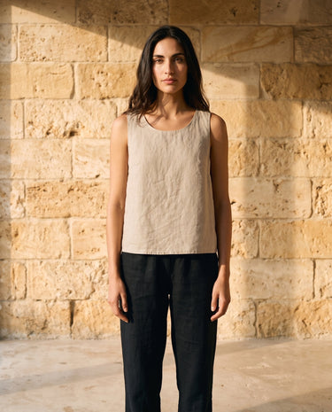The Alba Linen Tank in khaki — sleeveless linen tank, front styling view on model