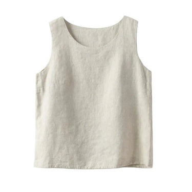 The Alba Linen Tank in beige — scoop-neck sleeveless linen tank, product flat-lay