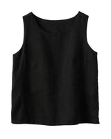The Alba Linen Tank in black — scoop-neck sleeveless linen tank, product flat-lay