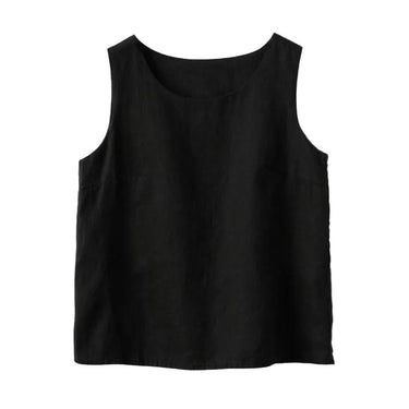 The Alba Linen Tank in black — scoop-neck sleeveless linen tank, product flat-lay