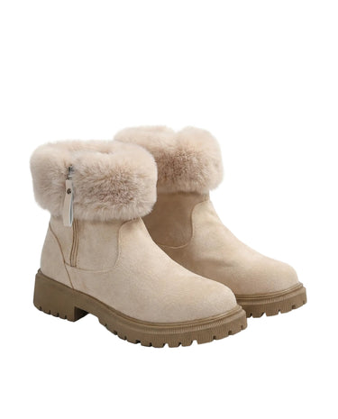 The Alba Plush Winter Boots in beige — ankle winter boots with plush fur cuff, product shot