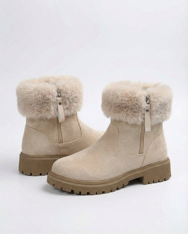 The Alba Plush Winter Boots in beige — winter boots with plush fur cuff, angled pair view