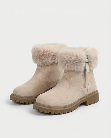 The Alba Plush Winter Boots in beige — winter boots with plush fur cuff, angled view