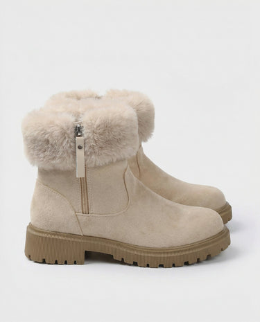 The Alba Plush Winter Boots in beige — winter boots with plush fur cuff, side view