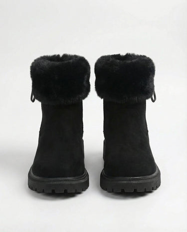 The Alba Plush Winter Boots in black — winter boots with plush fur cuff, front view