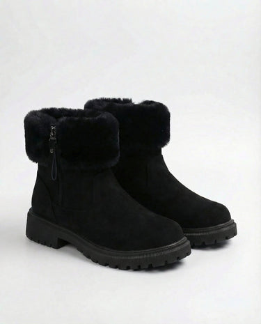 The Alba Plush Winter Boots in black — winter boots with side zip, angled view