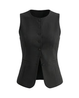 The Alicia vest in black — sleeveless tailored button-front vest, product flat-lay