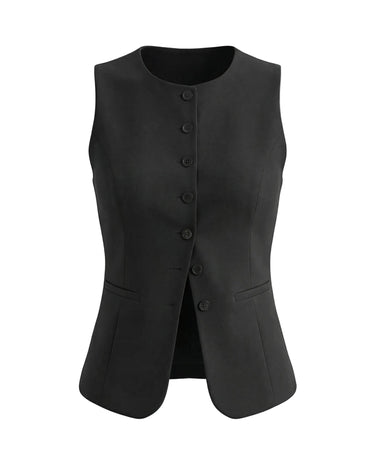 The Alicia vest in black — sleeveless tailored button-front vest, product flat-lay