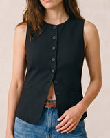The Alicia vest in black — front view on model