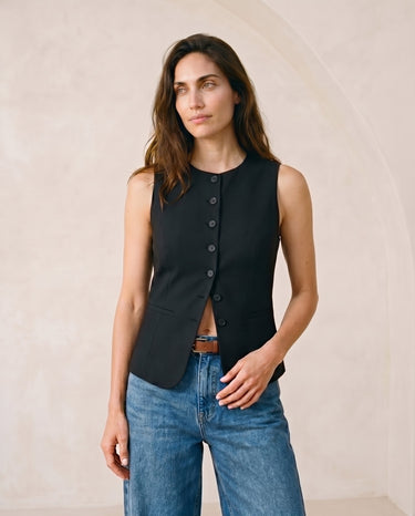 The Alicia vest in black — front view on model