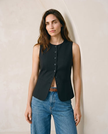 The Alicia vest in black — front view on model