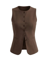 The Alicia vest in brown — sleeveless tailored button-front vest, product flat-lay