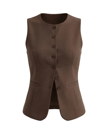 The Alicia vest in brown — sleeveless tailored button-front vest, product flat-lay