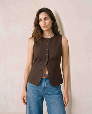 The Alicia vest in brown — front view on model