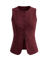The Alicia vest in burgundy — sleeveless tailored button-front vest, product flat-lay