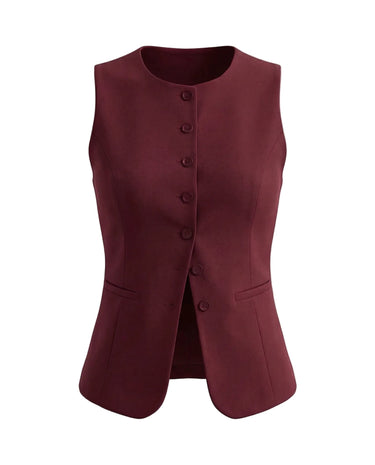 The Alicia vest in burgundy — sleeveless tailored button-front vest, product flat-lay